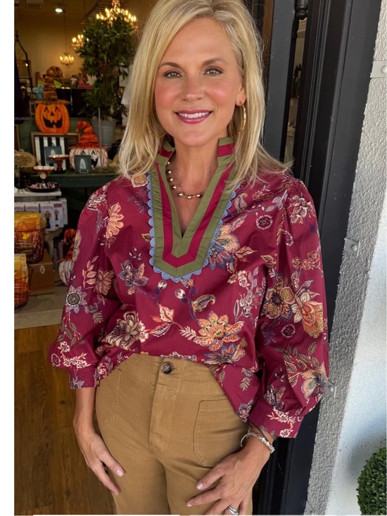 entro Tops - Entro Boho Floral V-Neck Peasant Top - Burgundy